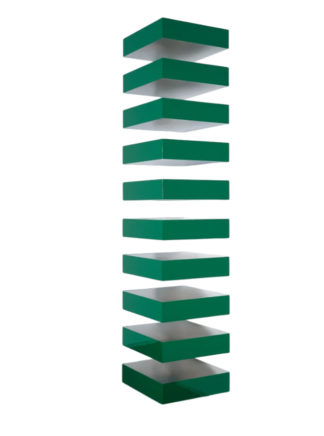 A vertical stack of green circular conveyor belt trays.