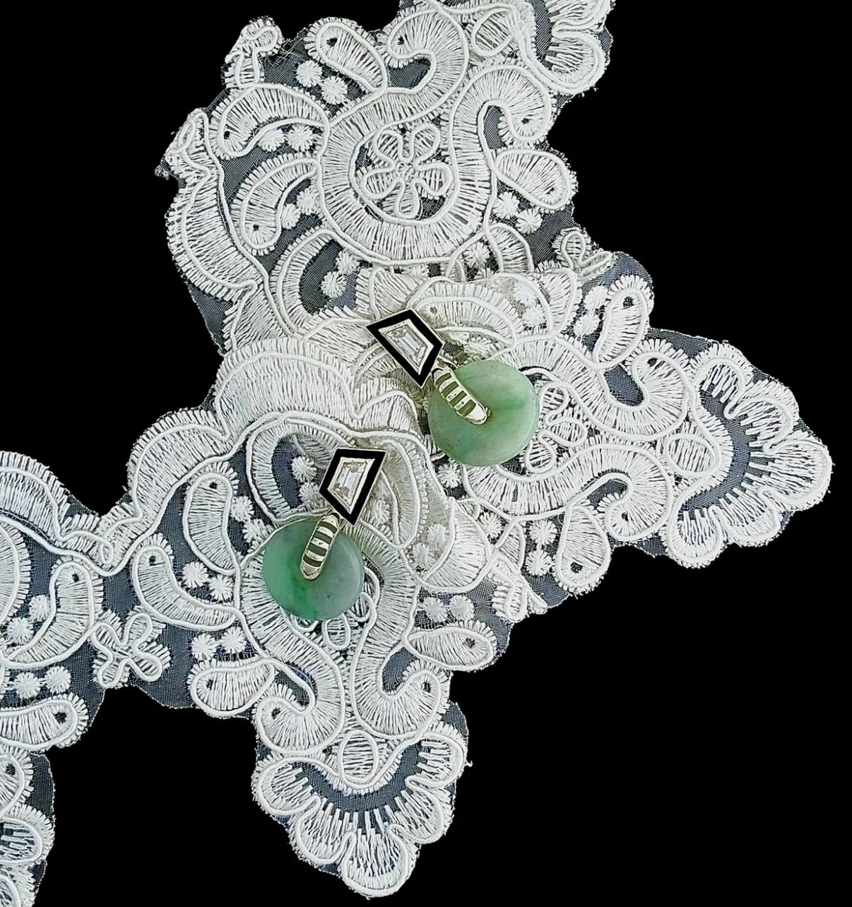 Burmese jade donut and trapezoid diamond and enamel earrings.