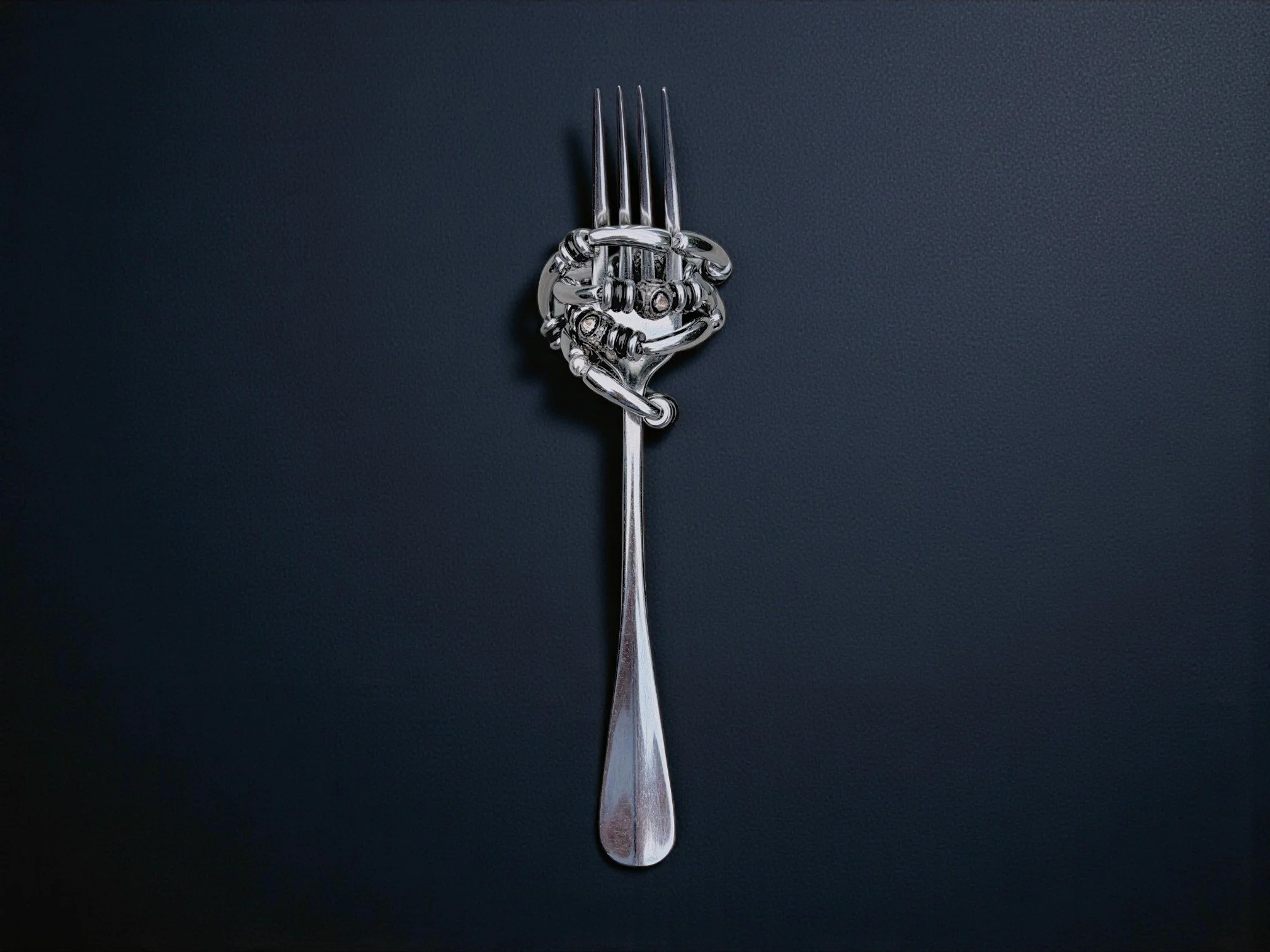A silver choker necklace strung on string with scalloped beads and white polki diamonds wrapped around the tines of a silver fork and placed on a dark textured surface.