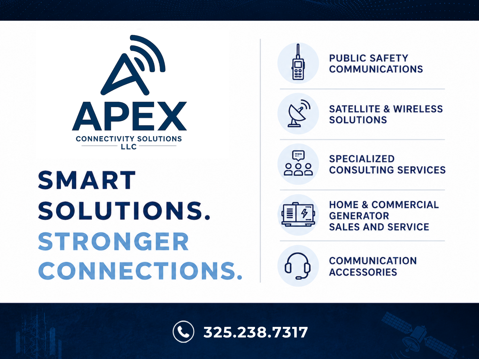 Company logo and contact information for Apex Connectivity Solutions LLC, highlighting services including public safety communications, satellite and wireless solutions, consulting services, home and commercial generators, and communication accessories.