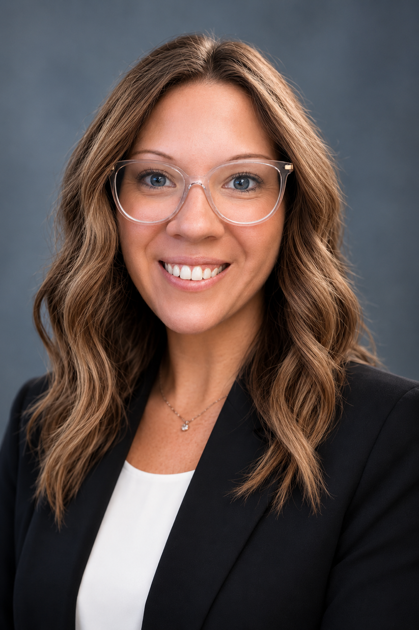 A professional woman with wavy light brown hair, wearing clear glasses, a black blazer, and a white top, smiling with a neutral blue background.