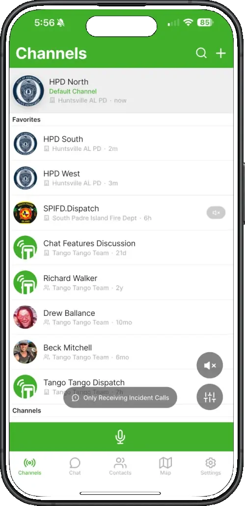 Screenshot of a mobile phone displaying a communication app with a list of channels including police departments, fire departments, and team discussions, set against a green-themed interface.