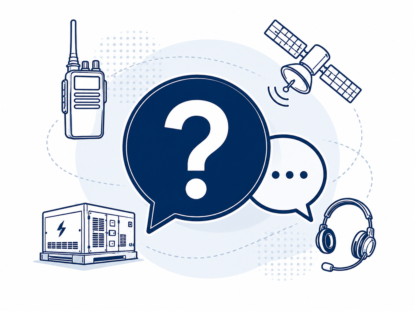 Illustration of communication and satellite technology with a large question mark in the center, including a walkie-talkie, satellite dish, satellite, power generator, and headset.