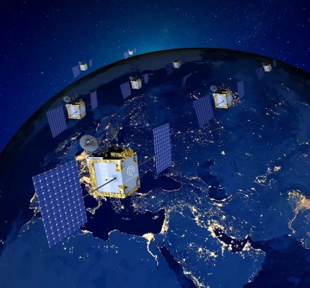 Nighttime view of Earth from space with multiple satellites equipped with solar panels orbiting above continents.
