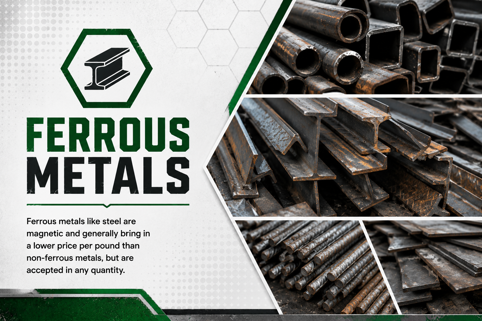 A digital graphic design about ferrous metals, featuring images of steel pipes, steel angle bars, and rebar, with a logo consisting of a steel beam and the text 'Ferrous Metals'