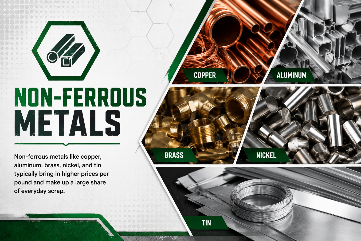 A graphic poster about non-ferrous metals showing images of copper pipes, aluminum extrusions, brass fittings, nickel rods, and tin sheets with labels.