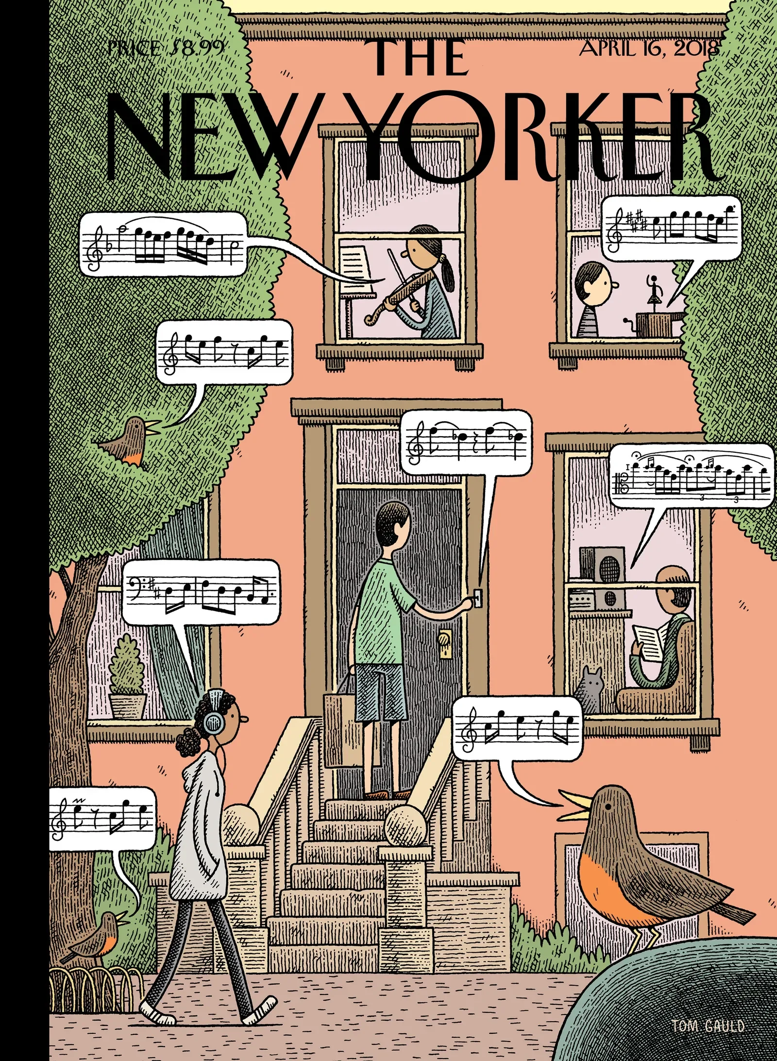 Cover of The New Yorker magazine dated April 16, 2018, featuring an illustration of a woman playing the violin in her apartment, with musical notes and birds around her, and a woman listening with headphones outside. The illustration is in a cartoon style with trees and bushes in the background.