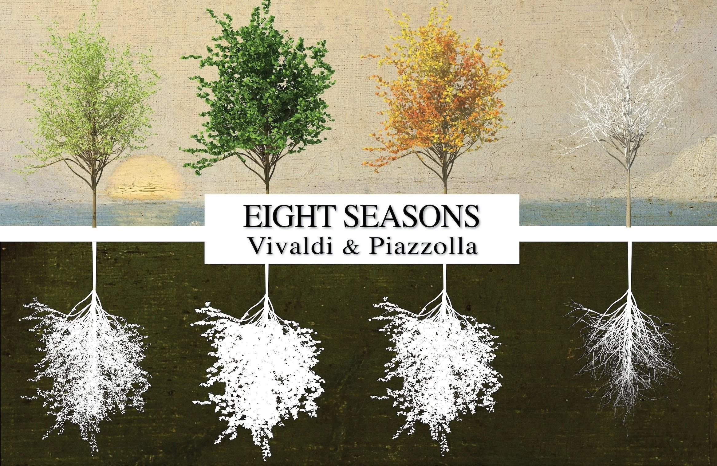 Diagram illustrating the eight seasons of trees, showing changes in leaf color and presence across four parts of the year with roots extending underground.