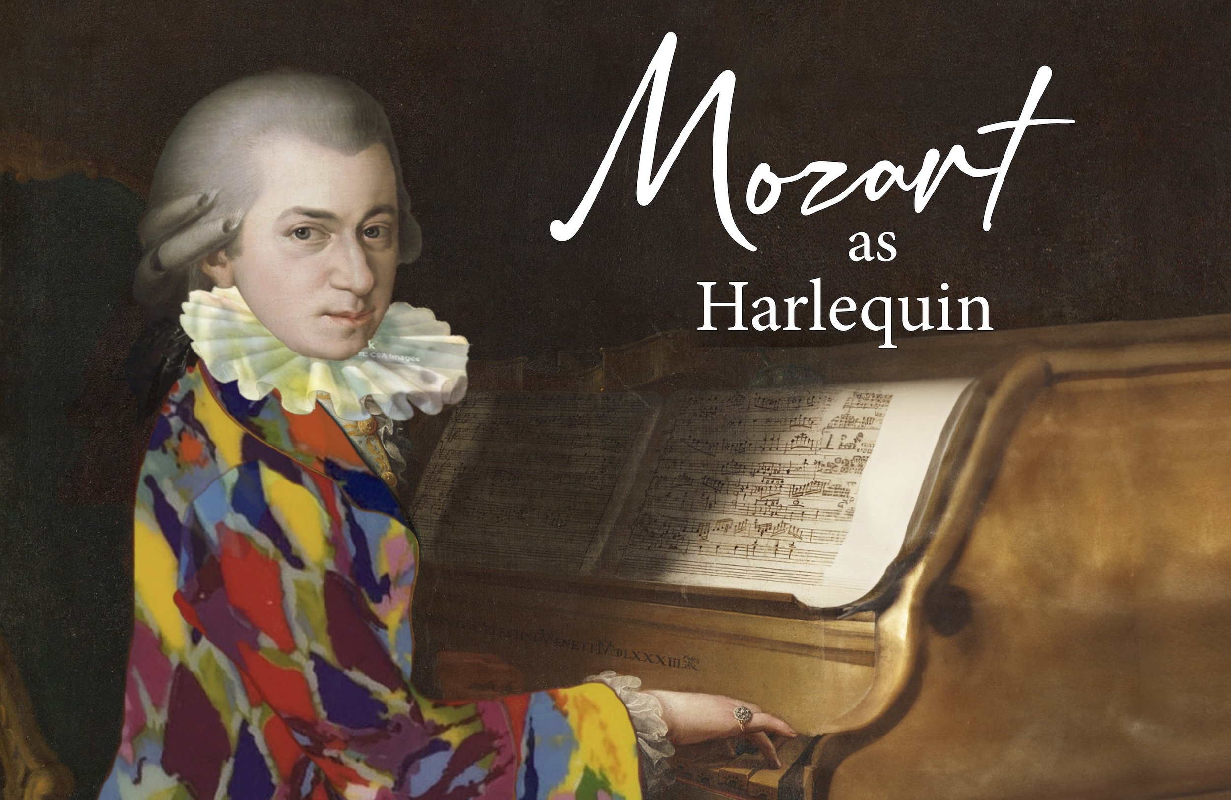 A person with a human face, dressed in a colorful, patterned outfit and a ruffled collar, sitting at a wooden piano with sheet music, in a dark room with a textured background. The image contains text that reads "Mozart as Harlequin."