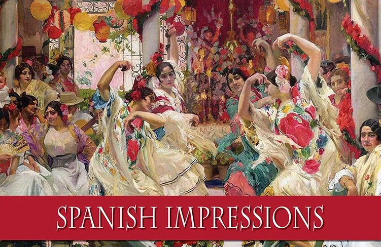 Painting of women dancing and socializing at a festive gathering, decorated with colorful flowers and lanterns, with a banner reading "Spanish Impressions."