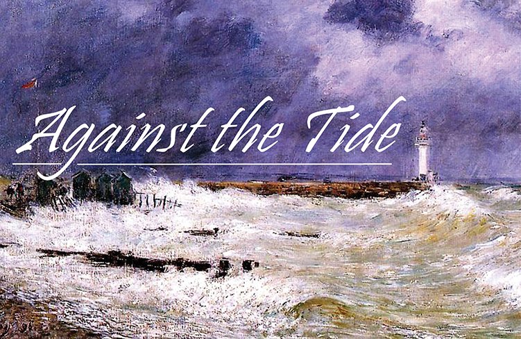 Painting of a stormy sea with a lighthouse in the distance and a pier, titled "Against the Tide".