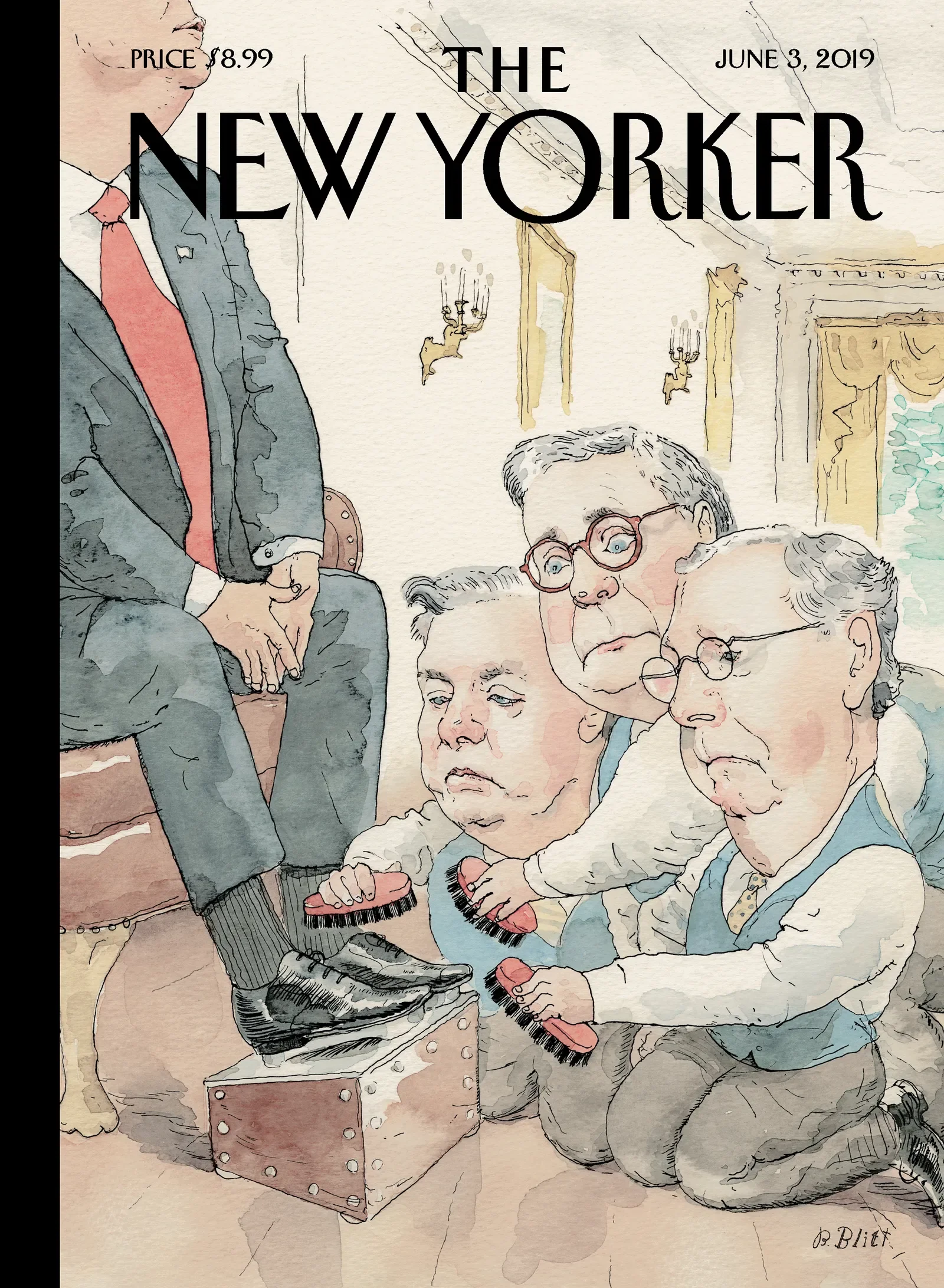 Watercolor illustration of men in a room with ornate wall moldings, gathered around a device, with some holding small brushes or tools. The text on the image reads "The New Yorker," dated June 3, 2019.