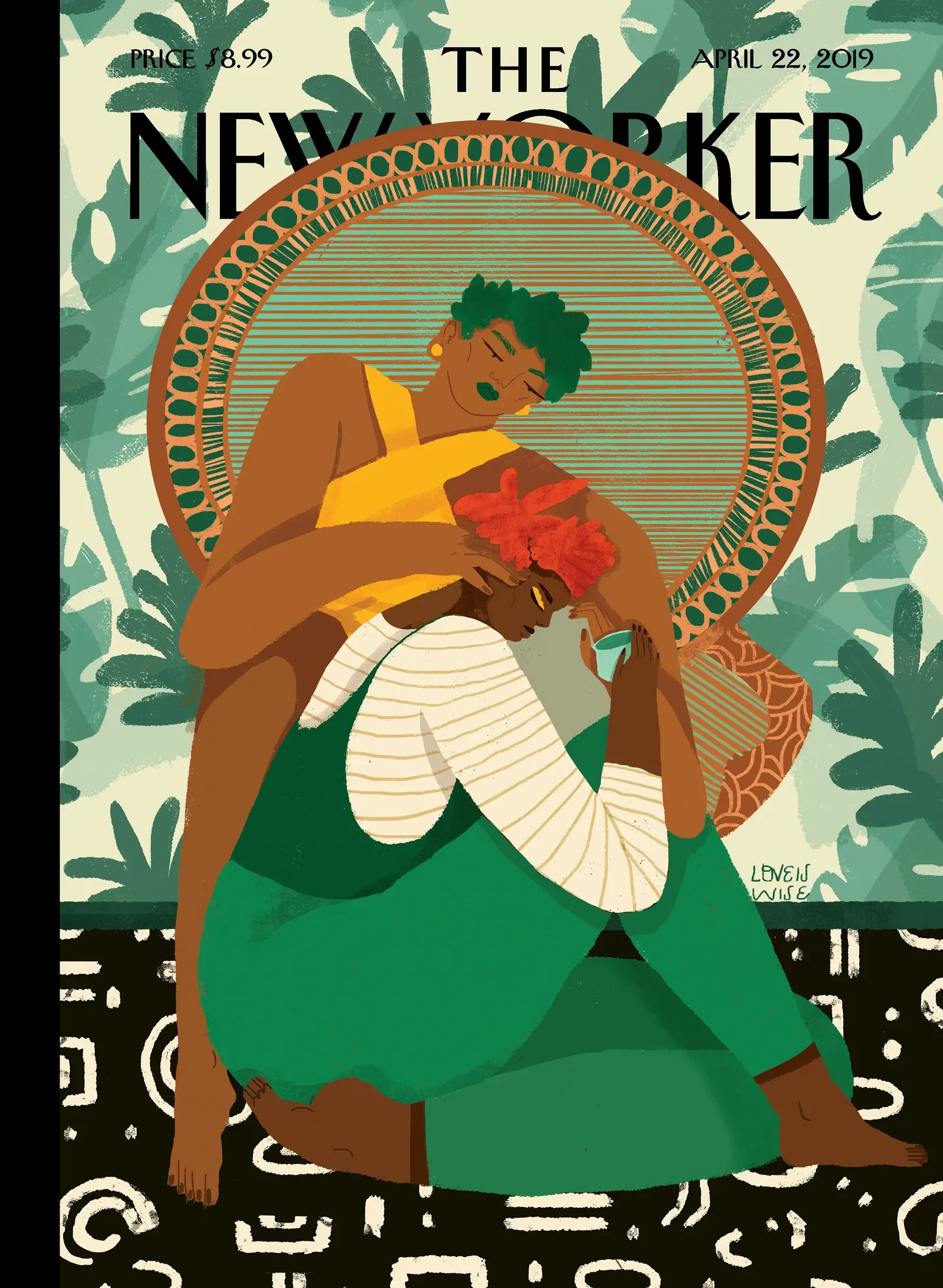 A colorful illustrated cover of a magazine titled 'The New Yorker' featuring two women embracing each other. One woman with green curly hair, wearing a yellow top, is hugging another woman with red flowers in her hair, wearing a striped shirt. The background includes green foliage and abstract patterns.