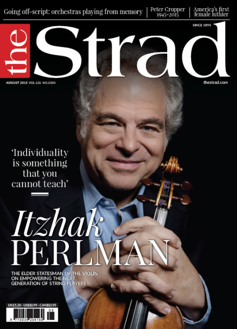 Magazine cover featuring Itzhak Perlman holding a violin, smiling, with a quote about individuality, from the August 2015 issue of The Strad.