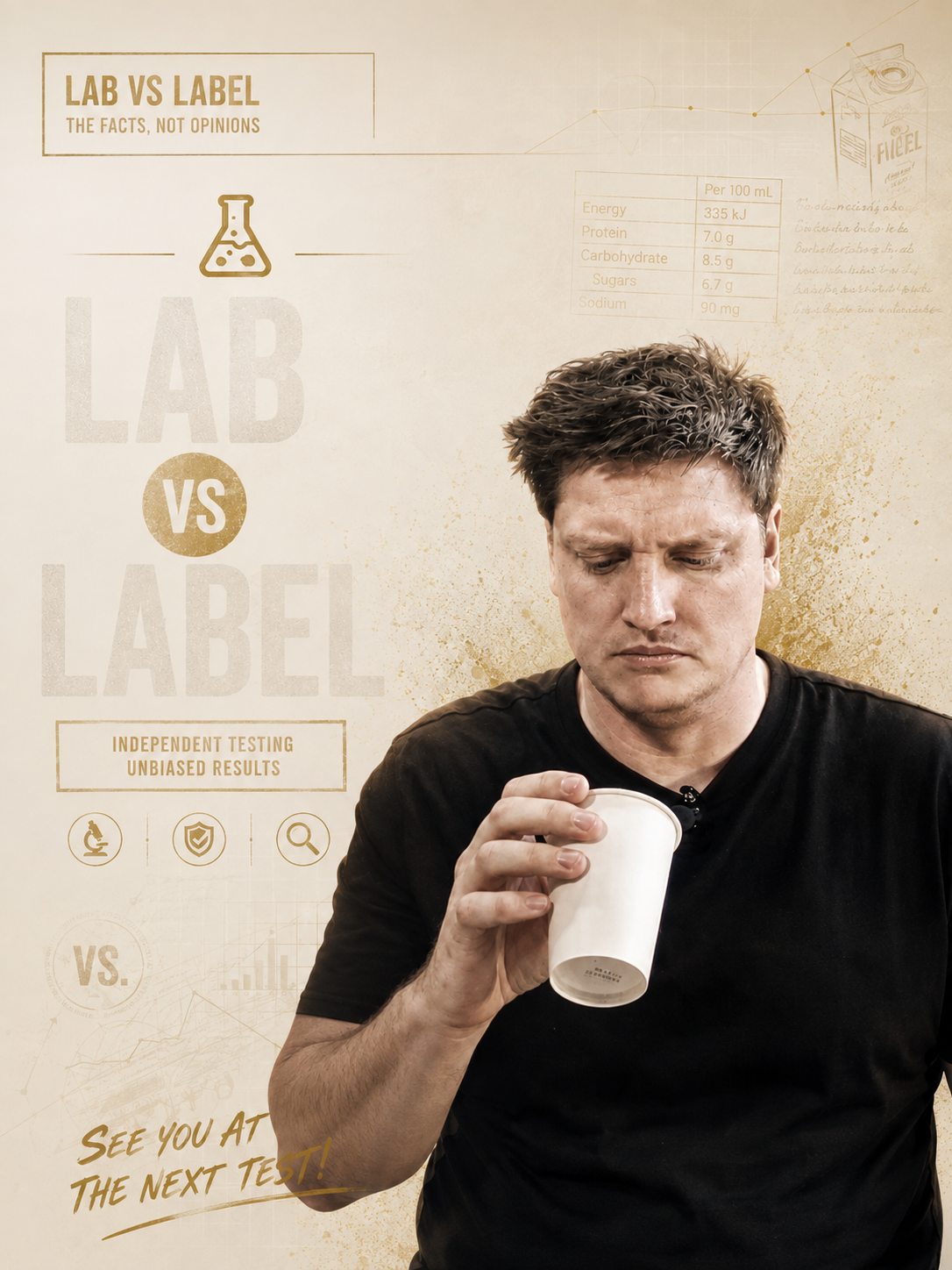 A man with short dark hair looking at a white cup he is holding, with a background poster that has the text 'Lab vs Label' and 'The Facts, Not Opinions' and various scientific icons and nutritional facts.