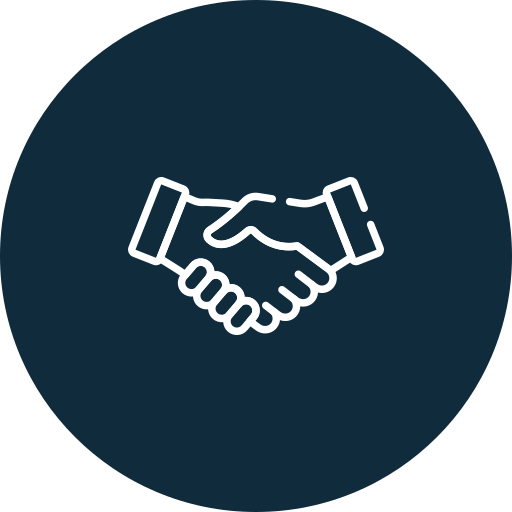 A white outline of a handshake on a dark blue circular background.