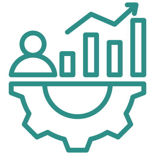 Icon showing a person, upward trending bar chart, and a gear.