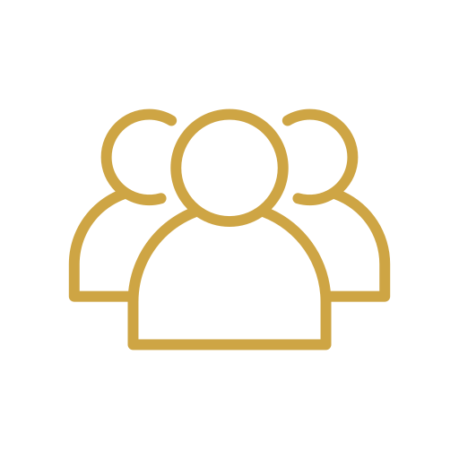 Icon of three gold outline figures representing a group of people on a black background.