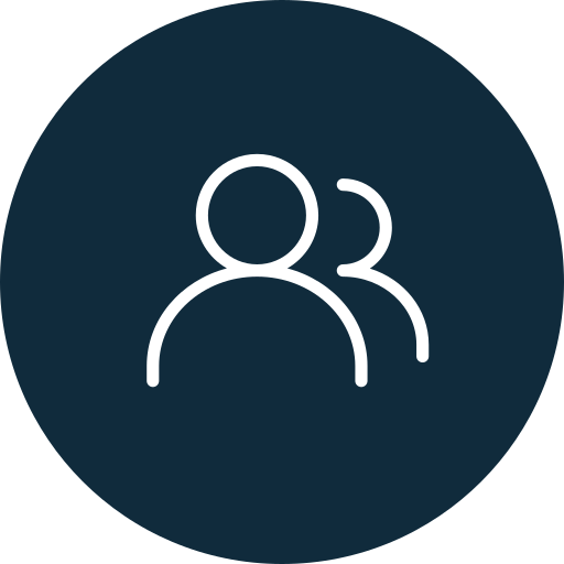 Icon of two people, one in front and one partially behind, on a dark background.