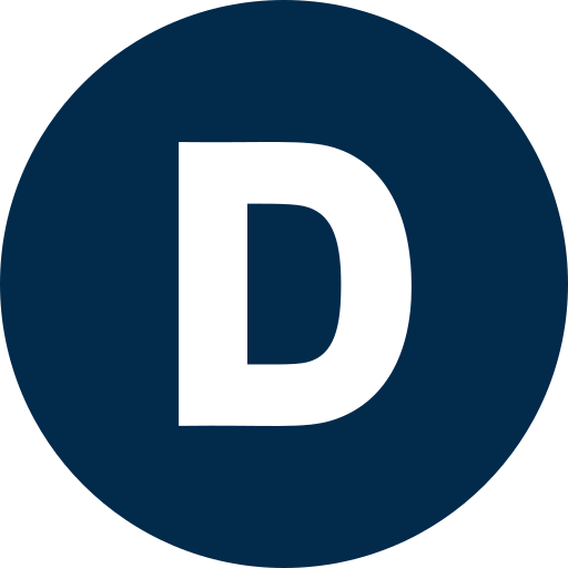 A dark blue circle with a large white letter D centered inside.