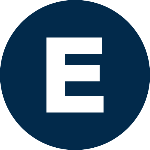 A logo with a white letter 'E' inside a dark blue circle.