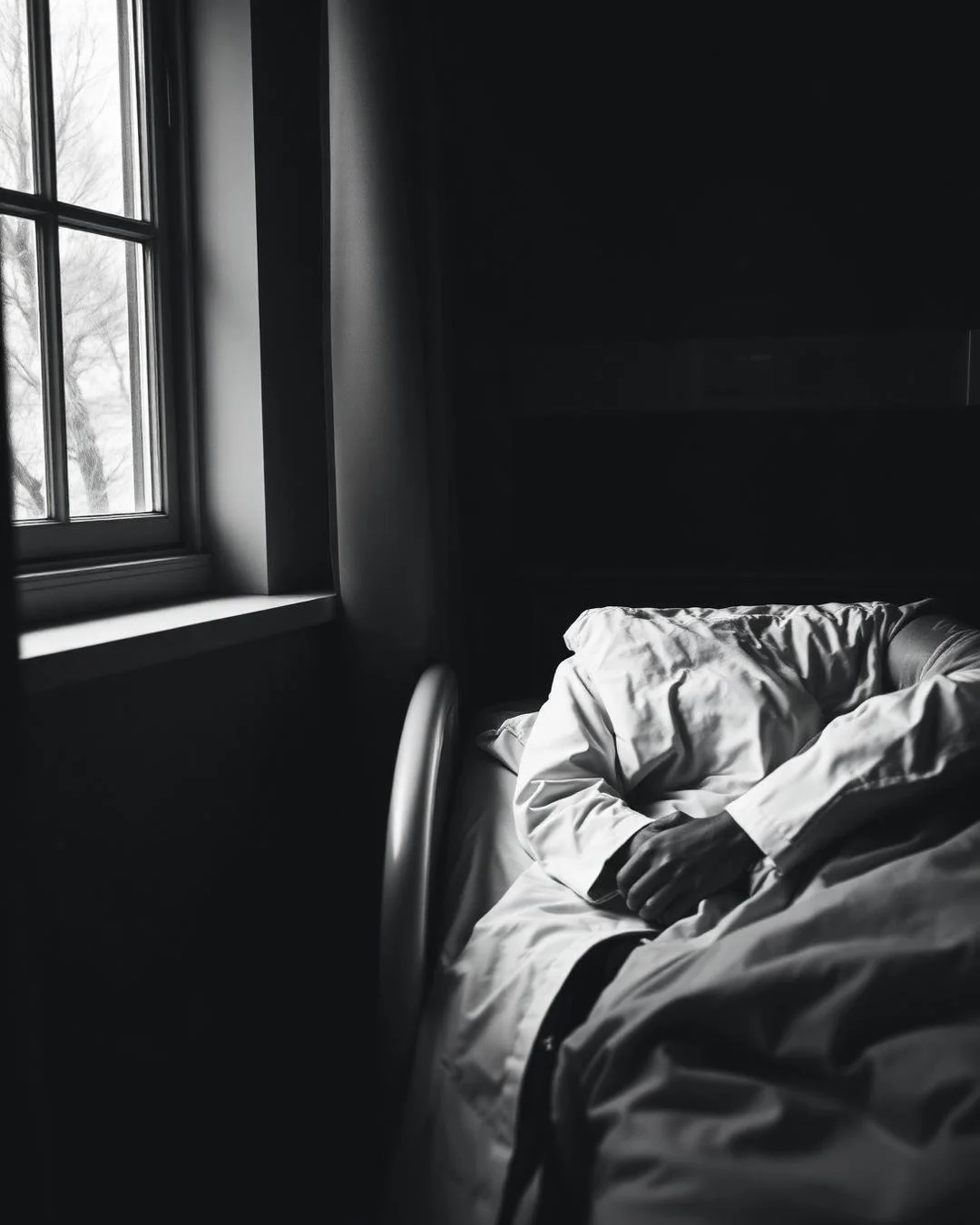 A black-and-white photo of an unmade bed with crumpled sheets and a person lying in it, arms crossed. There is a window on the left side letting in natural light, creating a contrast with the dark room.