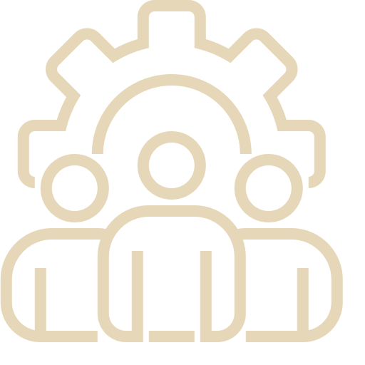 Icon of a person surrounded by gear and cogwheels, representing settings or engineering.