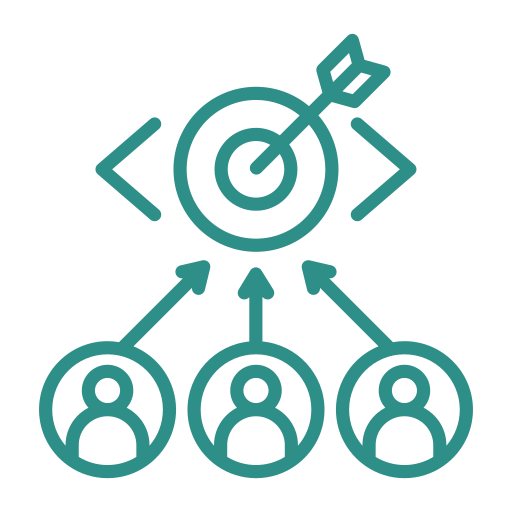 Diagram showing a target with an arrow and connected arrows pointing to three user icons, representing goals and target audience.