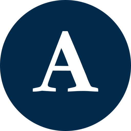 A white uppercase letter 'A' on a dark blue circular background.