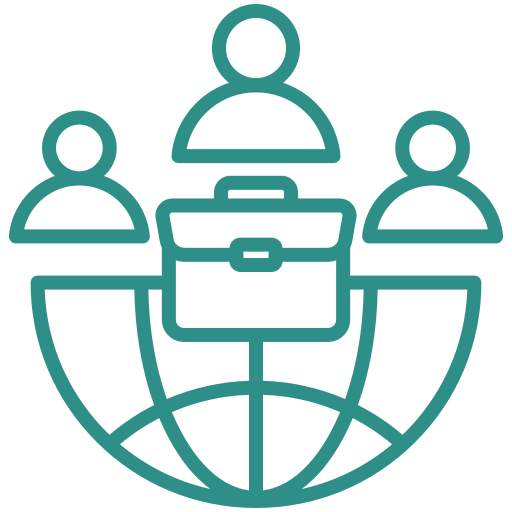 Line art icon of three people connected by a briefcase and a globe, representing global teamwork or international business.