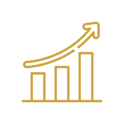 Gold-colored bar graph with increasing height and an upward arrow, representing growth or success