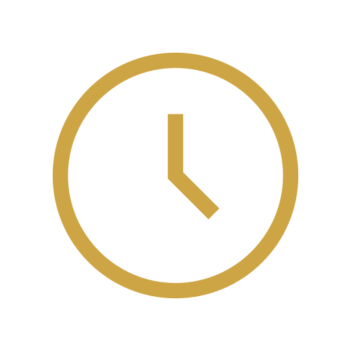A minimalist icon of a clock with a gold outline showing the time as 3:00.