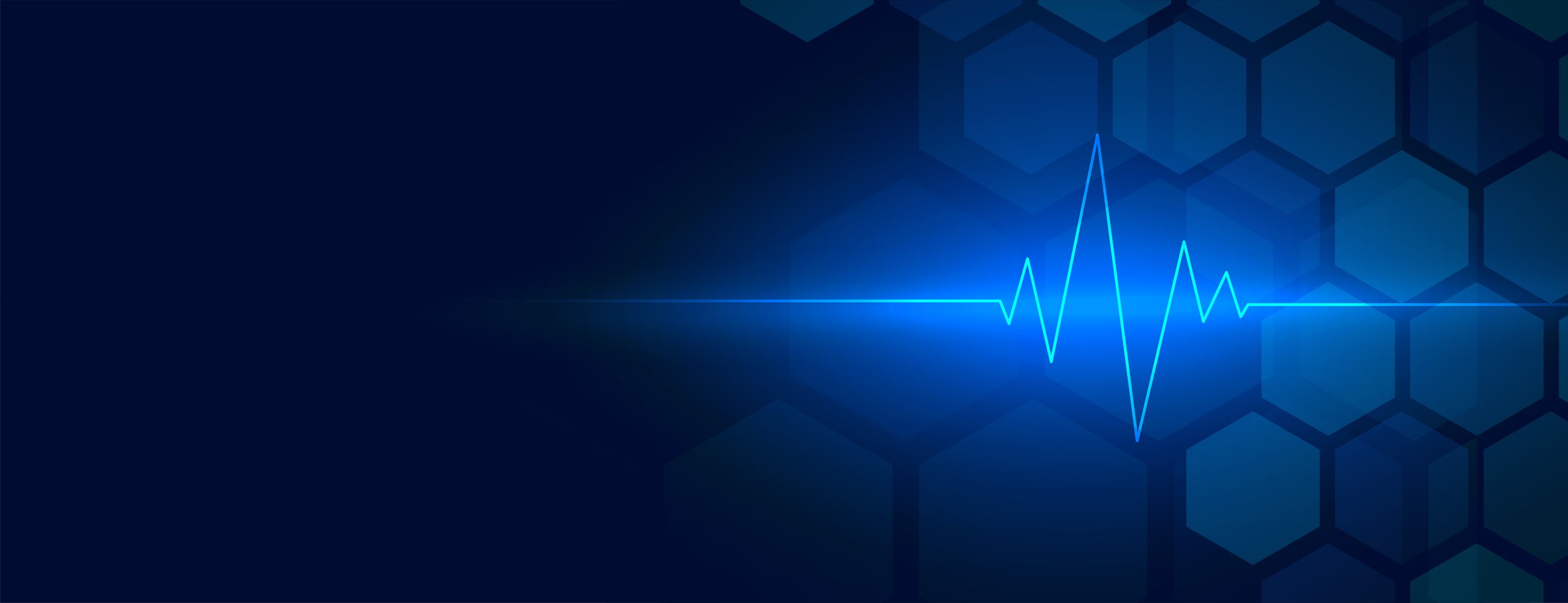 A digital illustration of a blue medical heartbeat line over a dark blue background with hexagonal pattern.