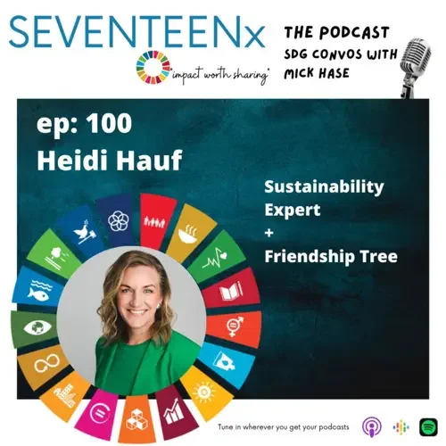 Podcast cover for SEVENTEENX featuring Heidi Hauf, episode 100, titled 'Sustainability Expert + Friendship Tree,' with a photo of Heidi Hauf surrounded by colorful icons representing sustainability themes.