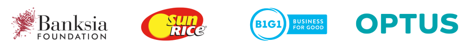 Logos of Banksia Foundation, SunRice, B1G1 Business for Good, and Optus