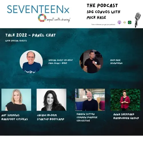 A podcast graphic featuring a panel chat with guests, including Mick Hase, Paul Duna, Nat Simmons, Jacqui Bloom, Darren Sutton, and Anna Sheppard, with logos of SEVENTEENX and the Sustainable Development Goals.