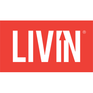 Red background with the word 'LIVIN' in bold black letters.