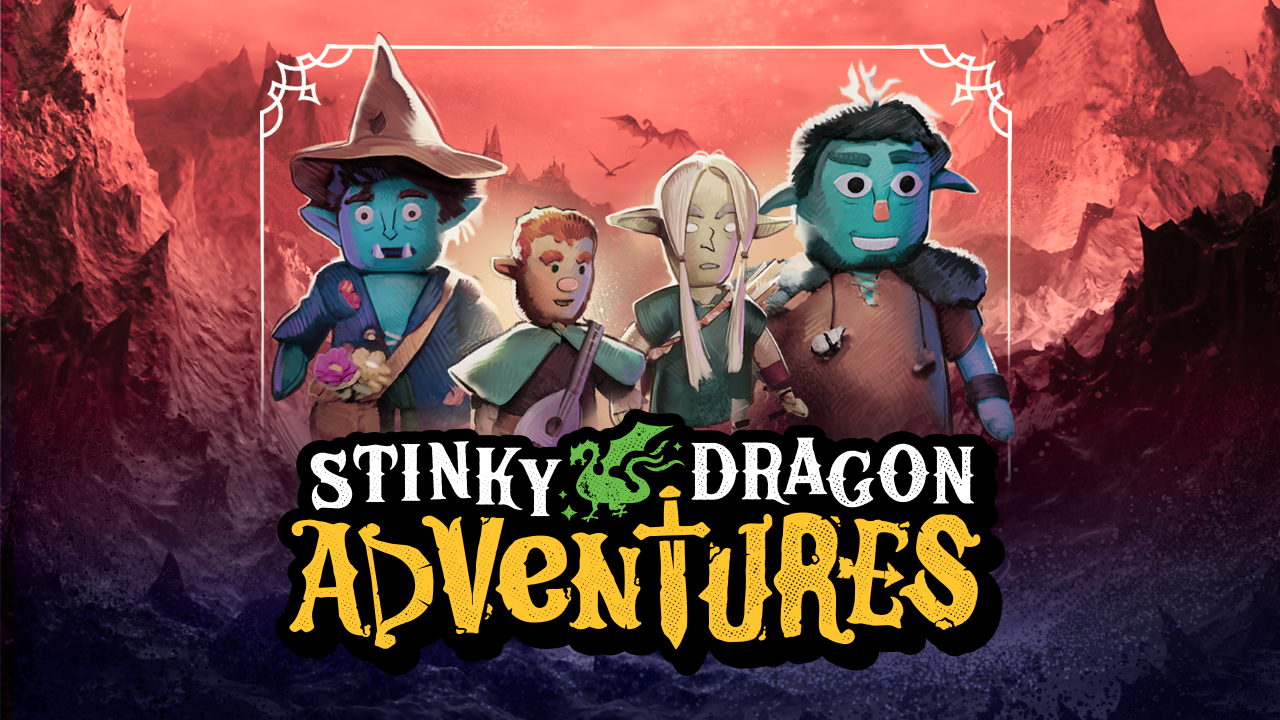 Cartoon illustration of four fantasy characters with blue skin, pointy ears, and medieval clothing standing against a mountain landscape at sunset. The characters include a wizard with a wide-brimmed hat, a green elf playing a lute, a blonde elf with a bow, and a dark-haired humanoid. The scene features flying dragons and the text 'Stinky Dragon Adventures' with a green dragon logo in the center.