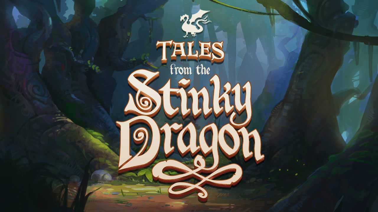 Title screen of game 'Tales from the Stinky Dragon' with a fantasy forest background featuring trees and mystical lighting.