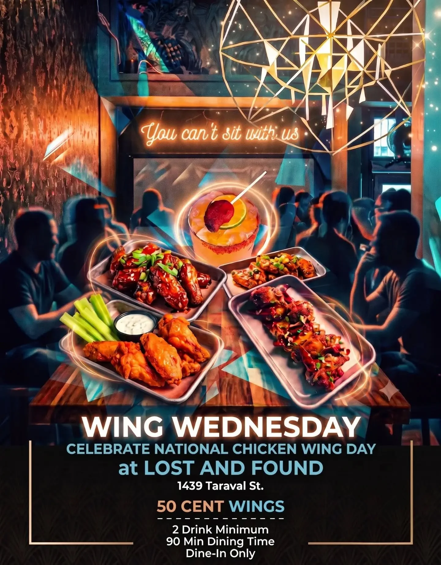 It's Wing Wednesday: National Chicken Wing Day edition! 

Details:

📍 1439 Taraval St, San Francisco

🍗 50 Cent Wings

🥂 2 Drink Minimum

🍽 Dine-in Only

⏳ 90 Minute Dining Time