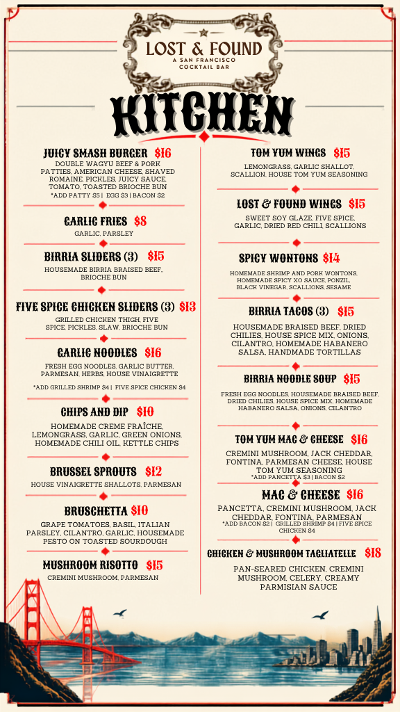 Food menu at Lost & Found featuring your favorite comfort food.