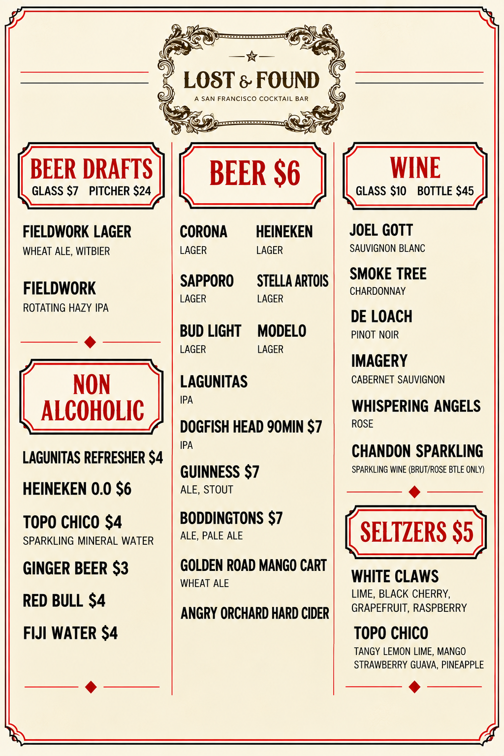 Menu from Lost & Found cocktail bar in San Francisco, featuring beer drafts, wines, non-alcoholic drinks, and seltzers with prices listed.