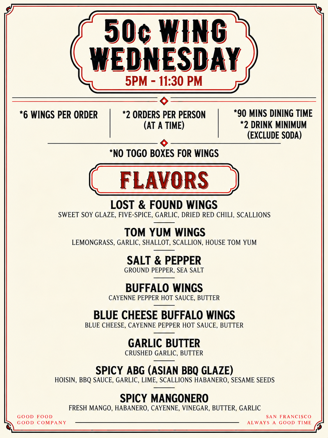 50 cent Wing Wednesday, including flavors like Lost & Found Wings, Tom Yum Wings, Salt & Pepper, Buffalo Wings, Blue Cheese Buffalo Wings, Garlic Butter, Spicy Asian BBQ Glaze, and Spicy Mangonero, available from 5 PM to 11:30 PM.