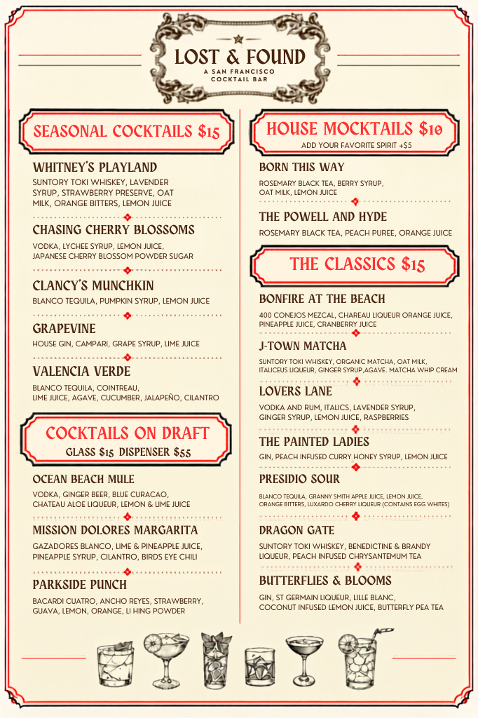 Lost & Found Cocktail Menu. Features sections for San Francisco themed Seasonal Cocktails, House Mocktails, Cocktails on Draft, and various individual cocktails.