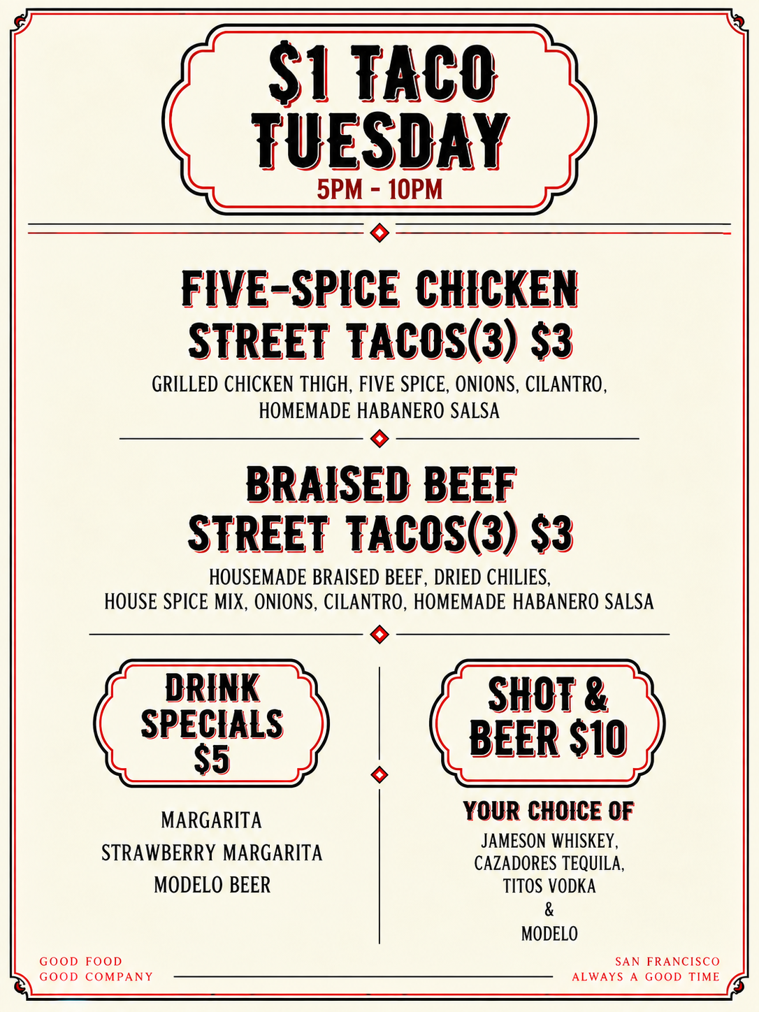 A menu for Taco Tuesday with discounts on tacos and drinks, featuring chicken and beef street tacos, drink specials, and a selection of beer and spirits.