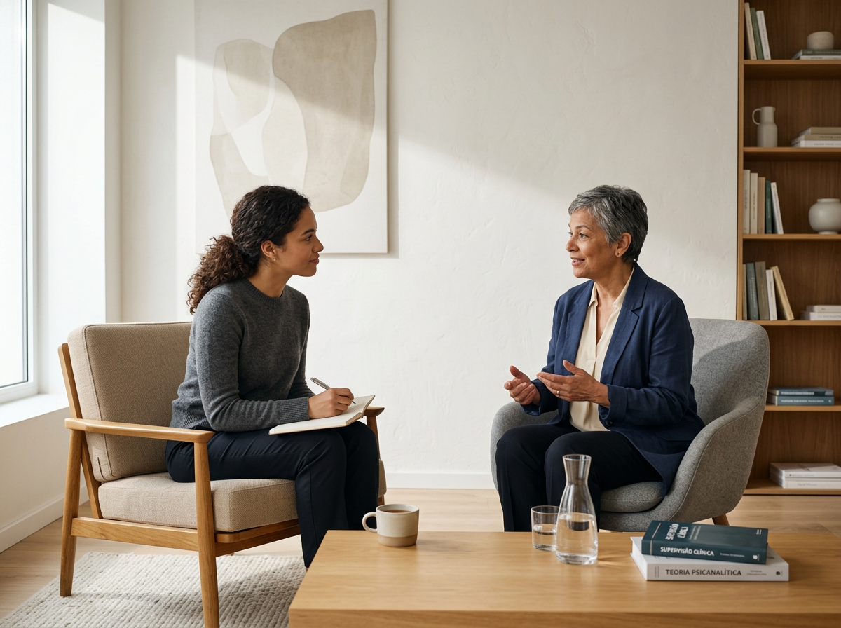 Duas mulheres sentadas em uma sala de terapia, uma jovem com caderno e uma idosa conversando.