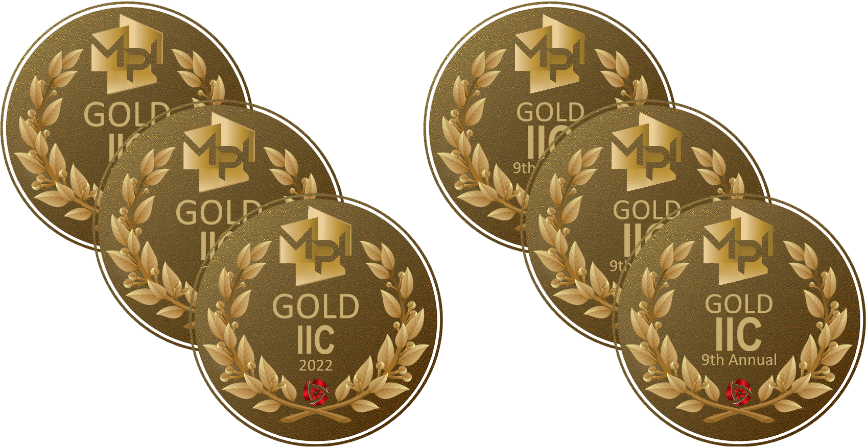 Four overlapping round gold medals with laurel wreath borders, inscribed with "GOLD IIC 2022" and "9th Annual" on two of them, and featuring a stylized logo at the top.
