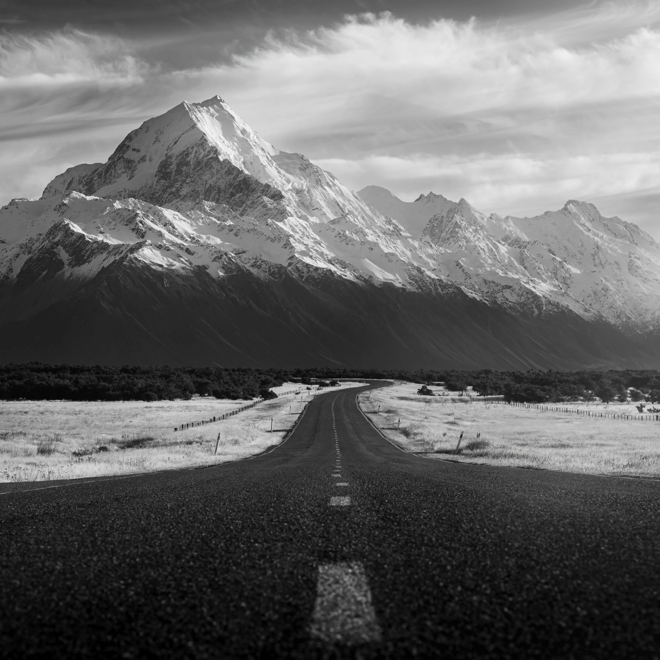 Long winding road through a flat grassy landscape with sparse trees, leading towards snow-capped mountains in the background under a cloudy sky.
