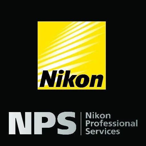 Nikon logo with yellow background and black text, and text for Nikon Professional Services in gray and white.