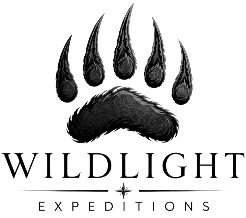 A logo for Wild Light Expeditions featuring a black bear paw print with five sharp claws, and the words "Wild Light" beneath it, along with "Expeditions" written in smaller letters.